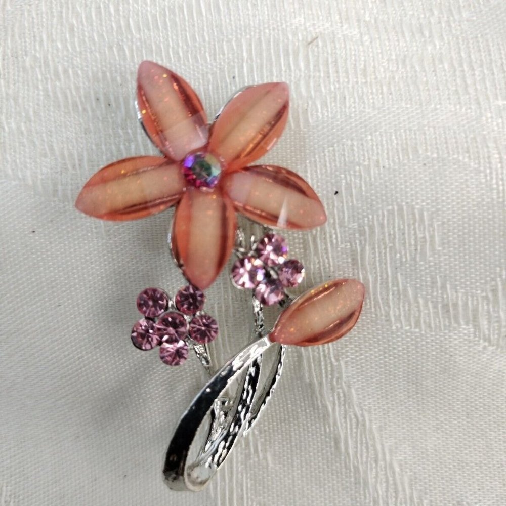 Floral Pin Brooch Amethyst Crystal And Orange 2 Tone Petals Silver Tone New...